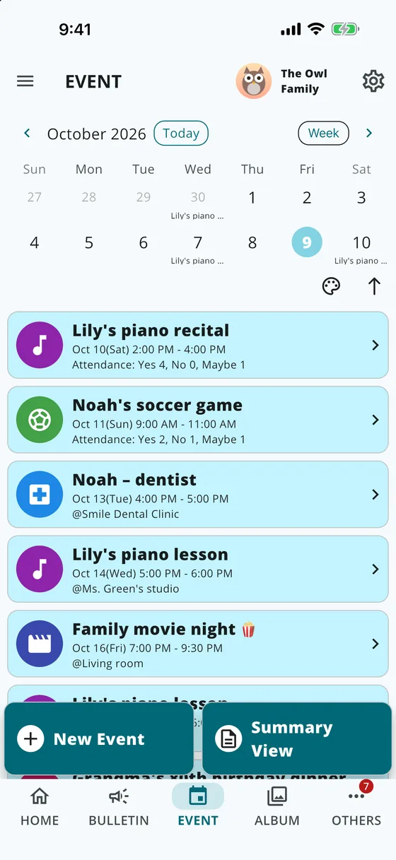 The Minerva MEET Events screen: a calendar above a list of events with attendance counts