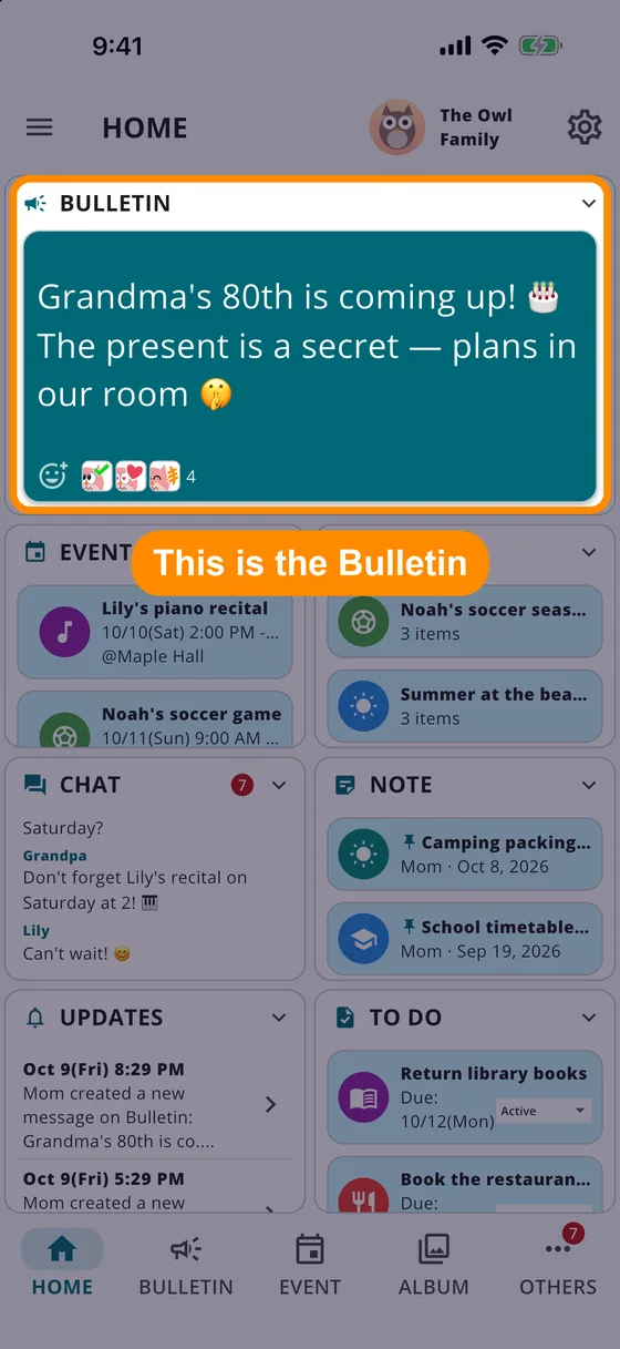 The Minerva MEET Home screen with the Bulletin panel at the top outlined and labeled “This is the Bulletin”