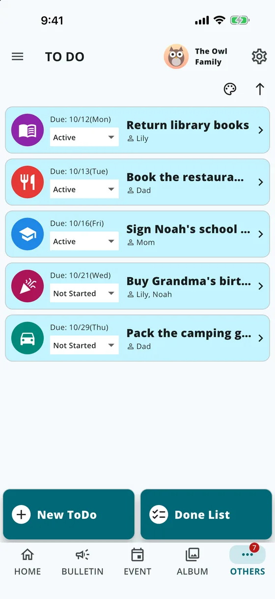 The Minerva MEET To Do screen: tasks with due dates, owners and statuses
