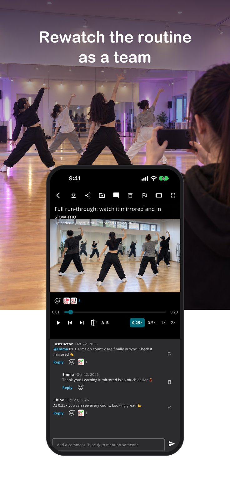 Dance: rewatch the routine as a team