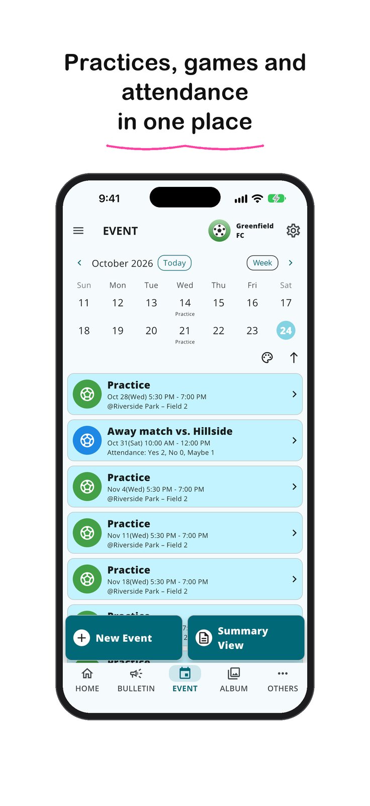 Sports: practices, games and attendance